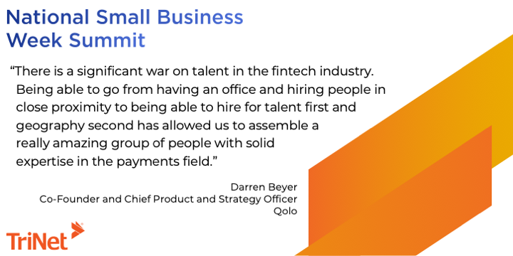 TriNet's tweet image. Miss the #TriNetSmallBizSummit ? Well, good news! You can watch all the conversations (like this one with @QoloPayments Co-Founder @DarrenDBeyer), &amp;amp; updates on financial planning, remote work, hiring &amp;amp; more. Download it for a limited time on #TriNetRISE: rise.trinet.com/series?title=n…