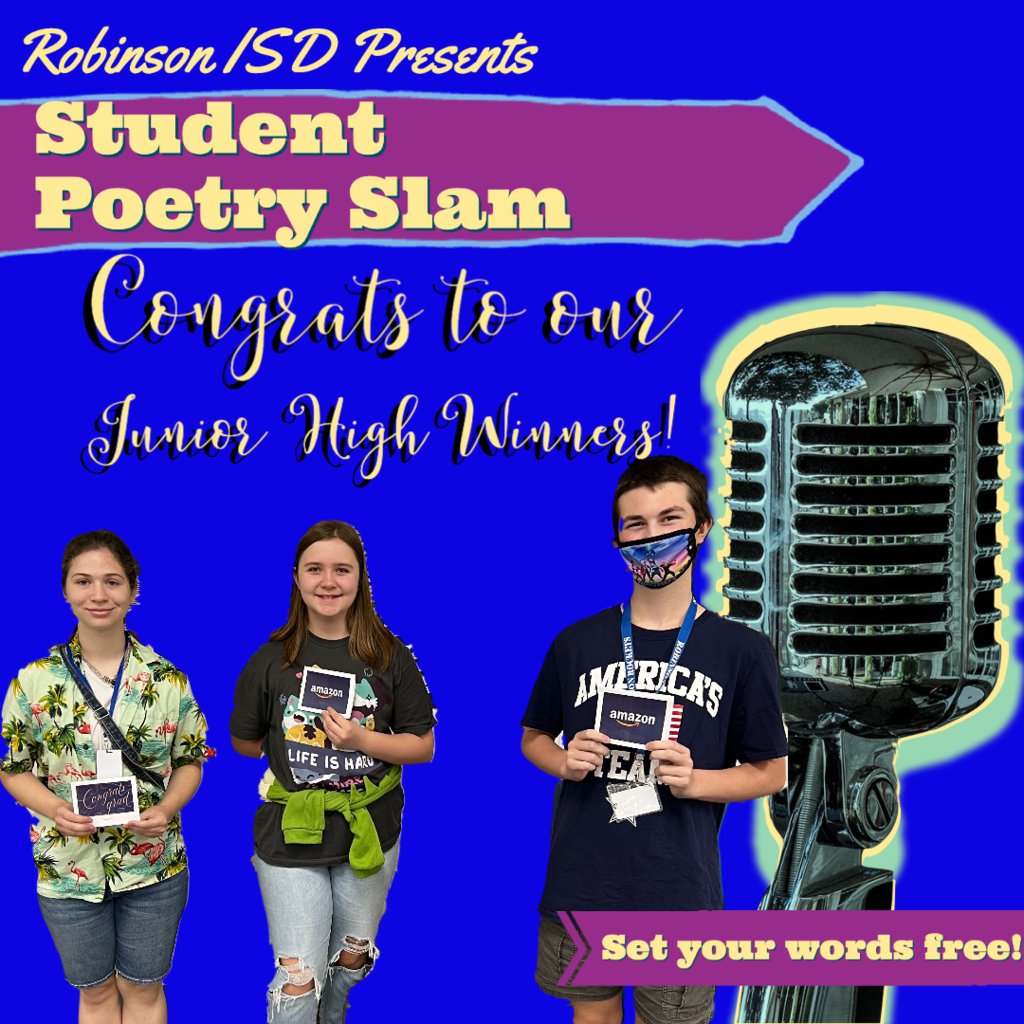📣Congratulations to our <a href="/whatsnewatrjh/">Robinson Jr. High</a> Student Poetry Slam Winners 🏆.  Join us tonight for our poetry slam showcase to watch all our winners K-12 poetry submissions! #RobinsonISD youtu.be/OeBGG-dY-80
