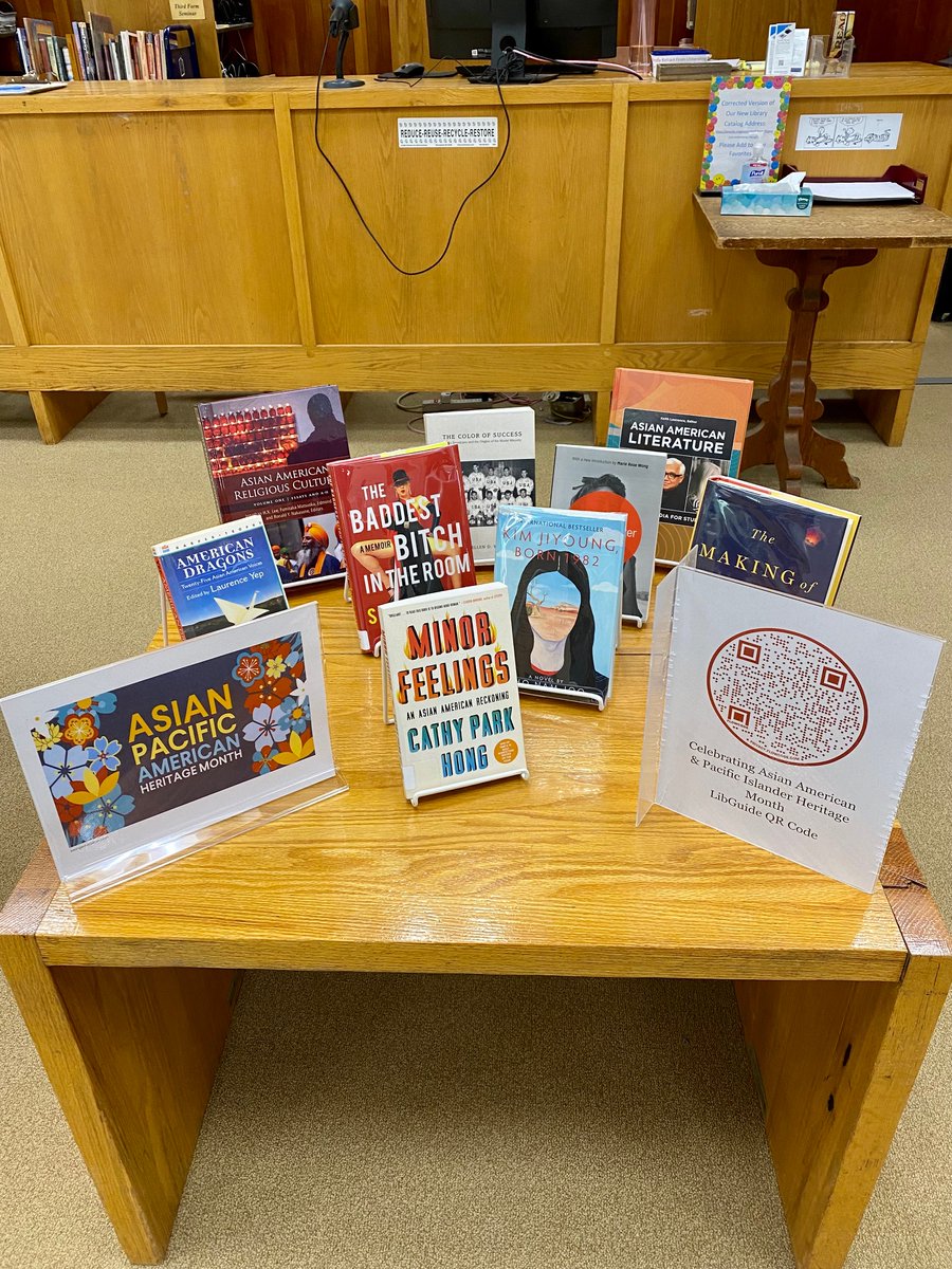 SMLionsLibrary's tweet photo. @SMLions stop by the @SMLionsLibrary &amp; check out some of the books on display celebrating #AAPIHeritageMonth. Use the #QRCode to access myriad resources, including #databases, &amp; works from #AAPI authors, artists, dancers, &amp; chefs. #library #SMLionPride #smlearns #SMLionsLibrary https://t.co/FUKYtYSxbI