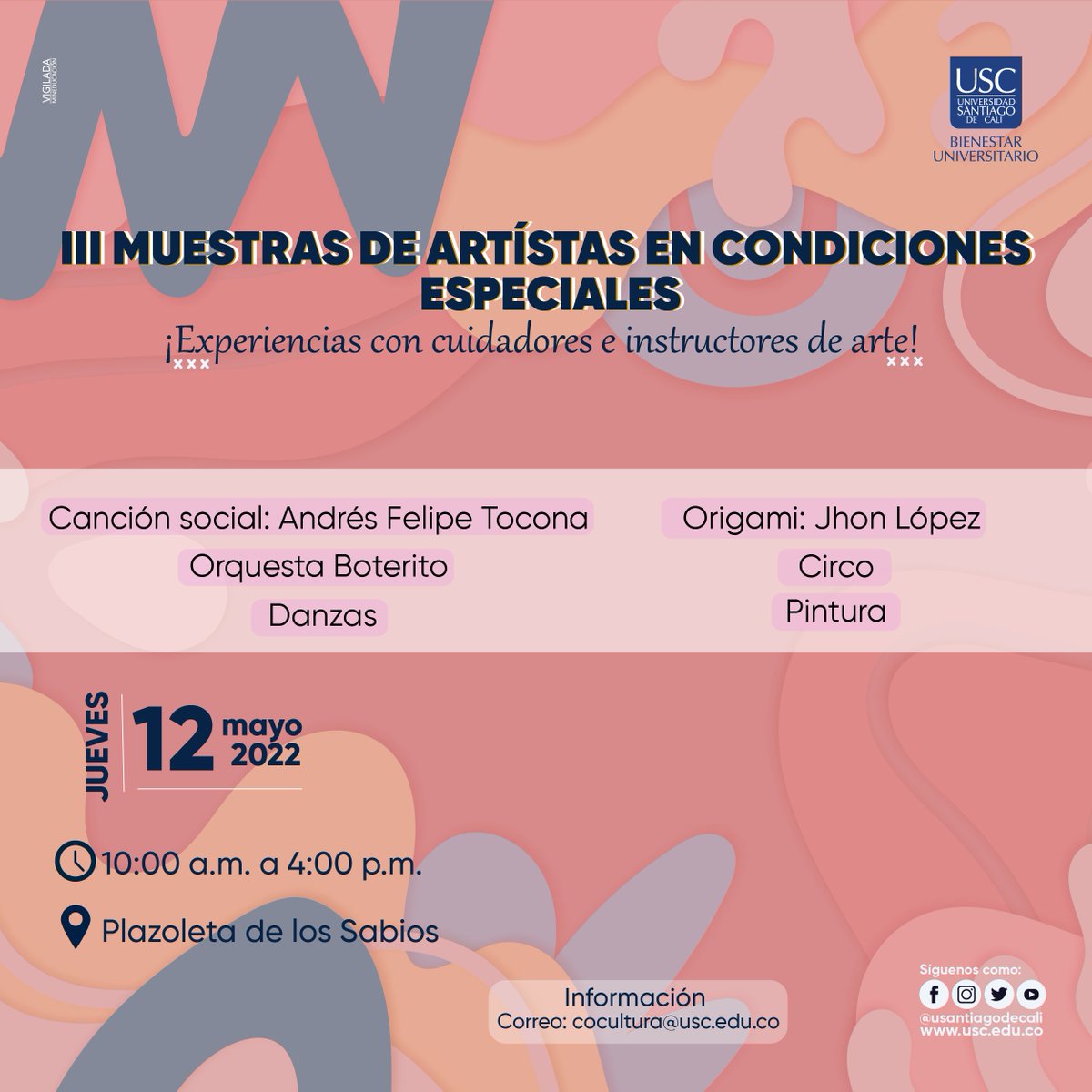 usantiagodecali's tweet photo. Bienestar Universitario invita a la comunidad académica a vivir una experiencia llena de música y arte. 💃🏻🕺🏻🎨
No te la pierdas.
#eventosusc #bienestaruniversitario #USC #universidad #estudiantes #educación #altacalidad #colombia #cali https://t.co/B6o7DGn5ga