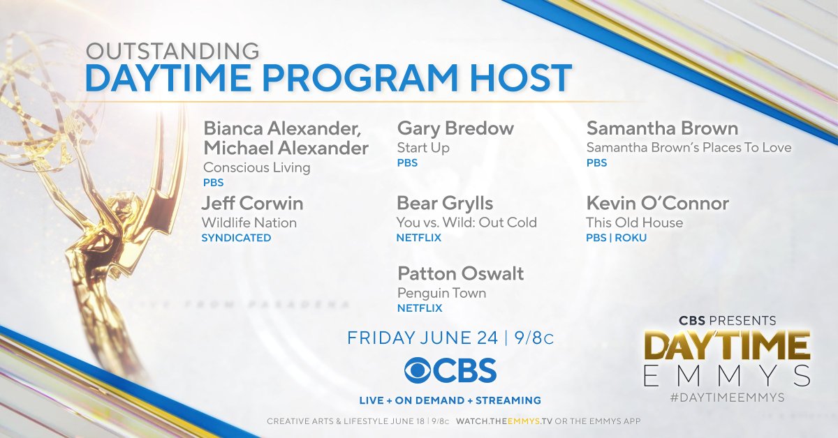 DaytimeEmmys's tweet photo. #DaytimeEmmys noms for Daytime Program Host are Bianca Alexander, Michael Alexander (@ConsciousTV), @garybredow (@startup_usa), @samanthabrown, @wildcorwin, @BearGrylls (@netflix), @KevinOConnorTOH (@thisoldhouse), &amp; @pattonoswalt (@netflix). [Corrects prior typographical error.] https://t.co/GEKoFGPgIP