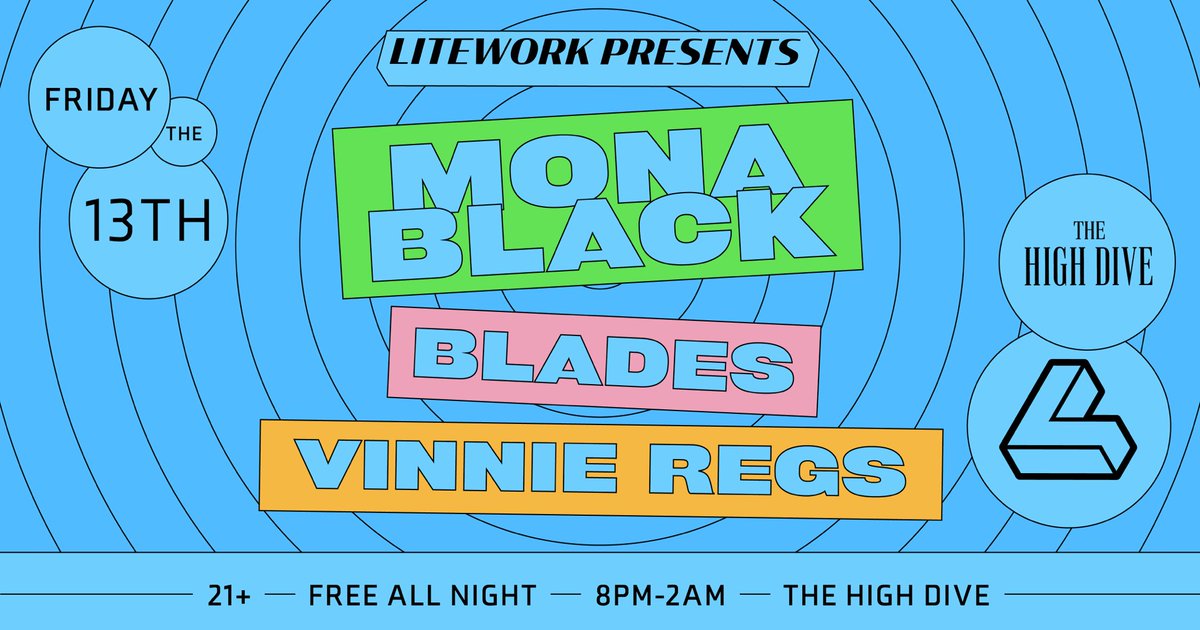 LiteWorkDET's tweet image. DETROIT!

This FRIDAY the 13th come guarantee yourself 100 years of good luck by hanging out with us at the High Dive wsg #MonaBlack @vinnieregs and @blades_music 

Free all night
21+