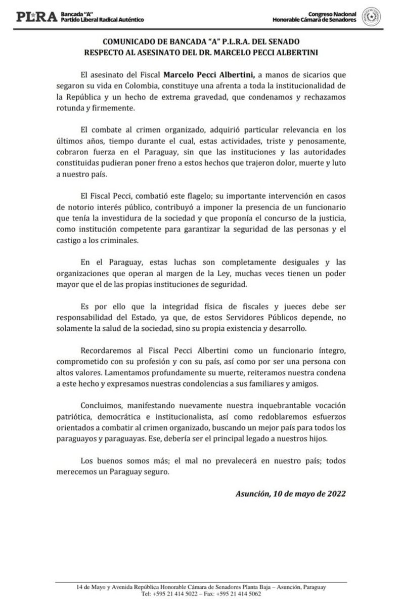 COMUNICADO DE BANCADA “A” P.L.R.A. DEL SENADO, RESPECTO AL ASESINATO DEL DR. MARCELO PECCI ALBERTINI