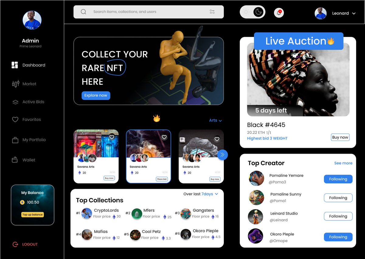 PrimeLeonard1's tweet photo. An NFTs dashboard,
onto the next one UI design day 13
#ui #design #nftartists #nft #buy #etheriumblockchain #cryptocurrency #DailyUI https://t.co/IDT1bh95tu