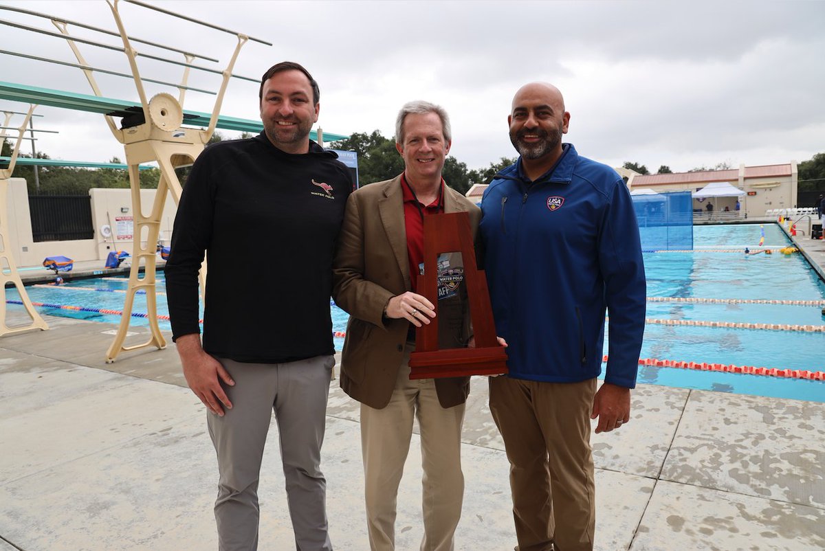 USAWP's tweet photo. Awesome moment to have the @AustinCollegeWP President on deck for the @NCAADIII #WaterPolo National Championship! 

Love seeing support from the top for our #waterpolo programs! @Coach_Abdou https://t.co/wMtvbctwt4