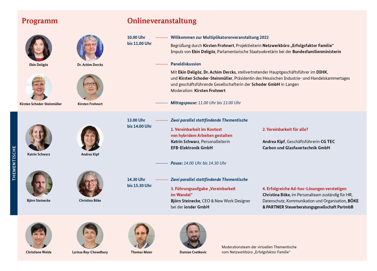ErfolgsfaktorF's tweet photo. Diskutieren Sie mit! #Multi22 über #hybrideArbeit und reine Präsenzarbeit im Betrieb nach Corona - mit Staatssekretärin @ekindeligoez, dem stv. DIHK-Hauptgeschäftsführer A. Dercks, der HIHK-Präsidentin K. Schoder-Steinmüller und #Unternehmen aus ganz D:
https://t.co/iq7t0nBIB5 https://t.co/2V32wAMtdX