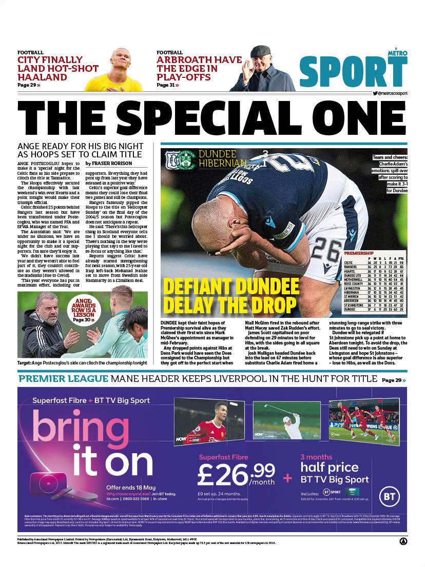 MetroScotSport's tweet photo. Wednesday's back page: THE SPECIAL ONE

#TomorrowsPapersToday
#scotpapers #CelticFC #Dundee https://t.co/mbqG1c7I6h