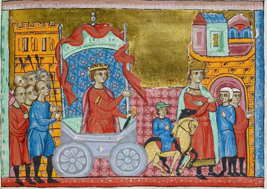 69md68's tweet photo. Miniature encadrée du roi Jugurtha défilant dans Rome en tant que prisonnier (à gauche), tandis que le roi Boctus fait la paix avec les Romains (à droite). 
Jugurtha a été trahi par son gendre et amené à Rome enchaîné, où il est mort en c. 104 avant JC dans une prison romaine. https://t.co/aLcJ7TaAKZ