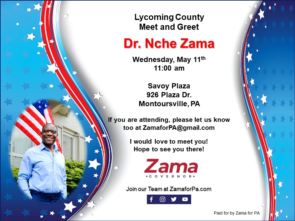 ZamaforPA's tweet photo. Please join me tomorrow at a meet and greet in #Montoursville in #Lycoming County. #PAGov #Election2022 https://t.co/ioxrdD0B9d