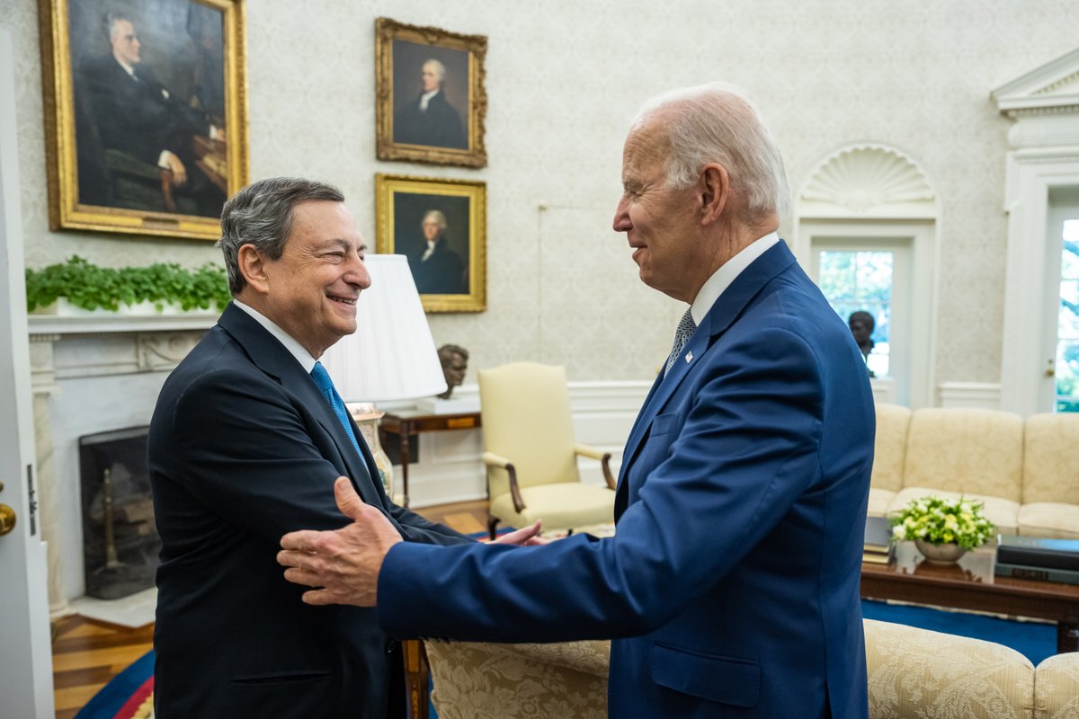 POTUS46Archive's tweet photo. This afternoon, I met with Prime Minister Mario Draghi of Italy at the White House. We reaffirmed the strong and broad partnership between the United States and Italy and underscored our continued commitment to supporting Ukraine and imposing costs on Russia. https://t.co/4609Au0mQK