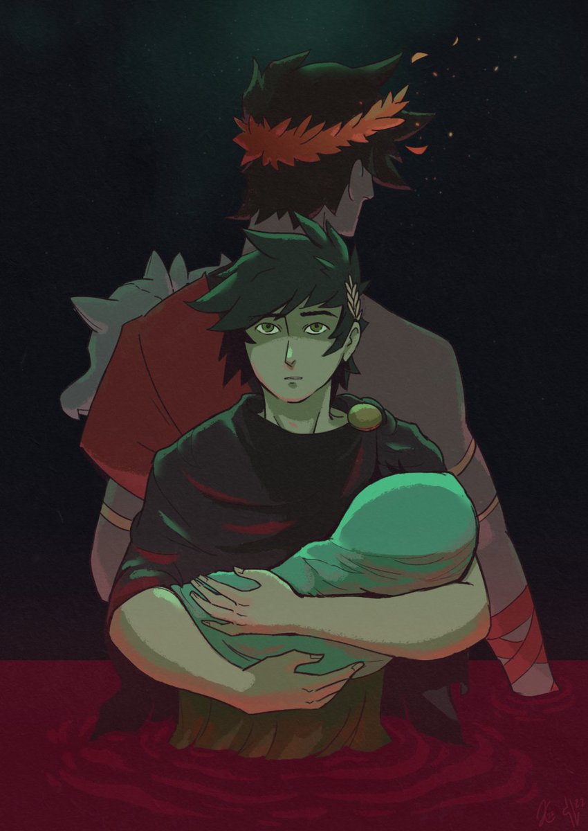 🔥🩸💀the tripartite god 🔥🩸💀

--
I collaborated with <a href="/petithiccup/">🌻 spleen @ hiatus</a> on this piece for my zag mortal au fic, wasting beats of this heart of mine! 💖 Here's a link to the fic: archiveofourown.org/works/26832964 

#hadesgame #zagreus #HadesFanArt