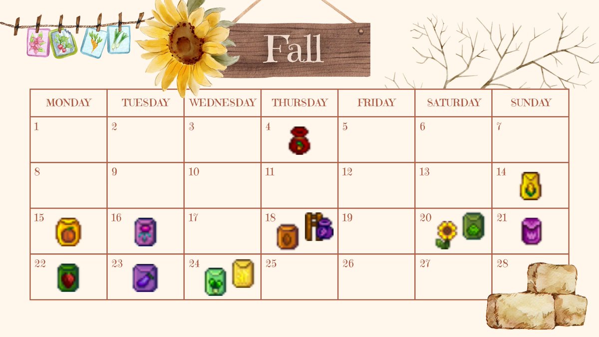 here is a set of "last day to plant" calendars for stardew valley! i recently planted a whole patch of starfruit seeds just for fall to come one day before they were ready :( hope these help to avoid such a tragedy!

download link:  bit.ly/3L2jheN | #stardewvalley