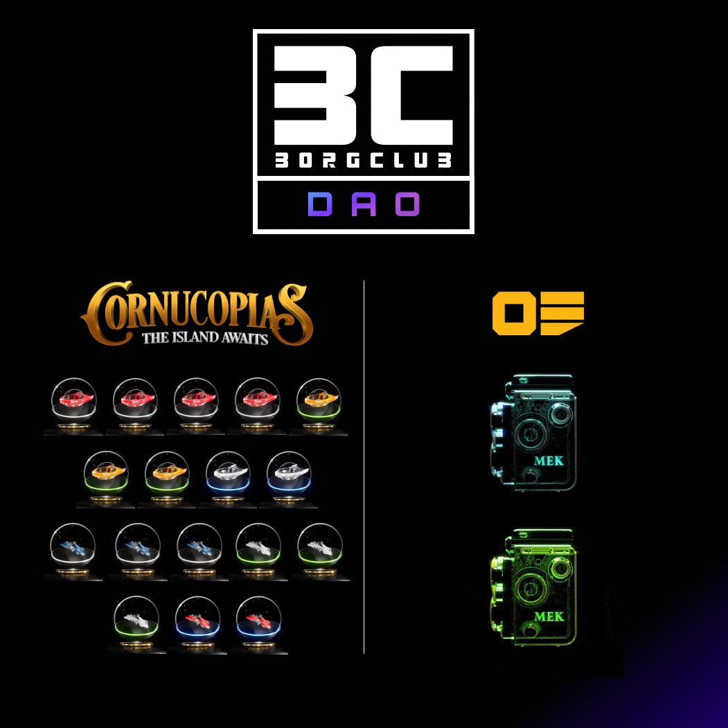BorgClubNFT's tweet photo. Borg Club DAO just made its first acquisitions - more to come!

9 BubbleJetts
8 Javelins
2 OE - Genesis

Get a Corrupted Borg/Chip and join our discord to take part of the most exciting DAO on Cardano!

@CornucopiasGame @Over___Exposed
 
#BorgClub #BorgClubDAO
#NFT #CNFT #DAO https://t.co/qBlKzTAWWV