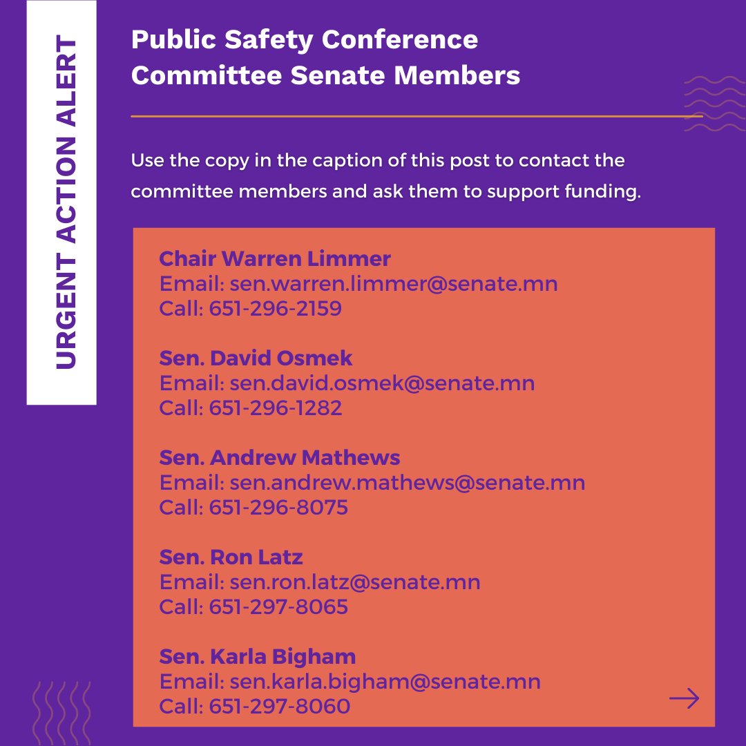 mn_dap's tweet image. URGENT MESSAGE ON CRIME VICTIM FUNDING FROM VFMN & MNCASA
The Minnesota House and Senate have passed their omnibus public safety bills and are now ready to negotiate a final bill before session ends on May 23rd. We need help now to push our funding requests through!