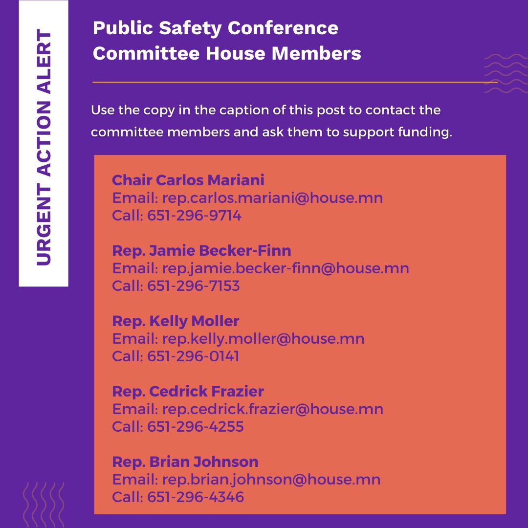 mn_dap's tweet image. URGENT MESSAGE ON CRIME VICTIM FUNDING FROM VFMN & MNCASA
The Minnesota House and Senate have passed their omnibus public safety bills and are now ready to negotiate a final bill before session ends on May 23rd. We need help now to push our funding requests through!