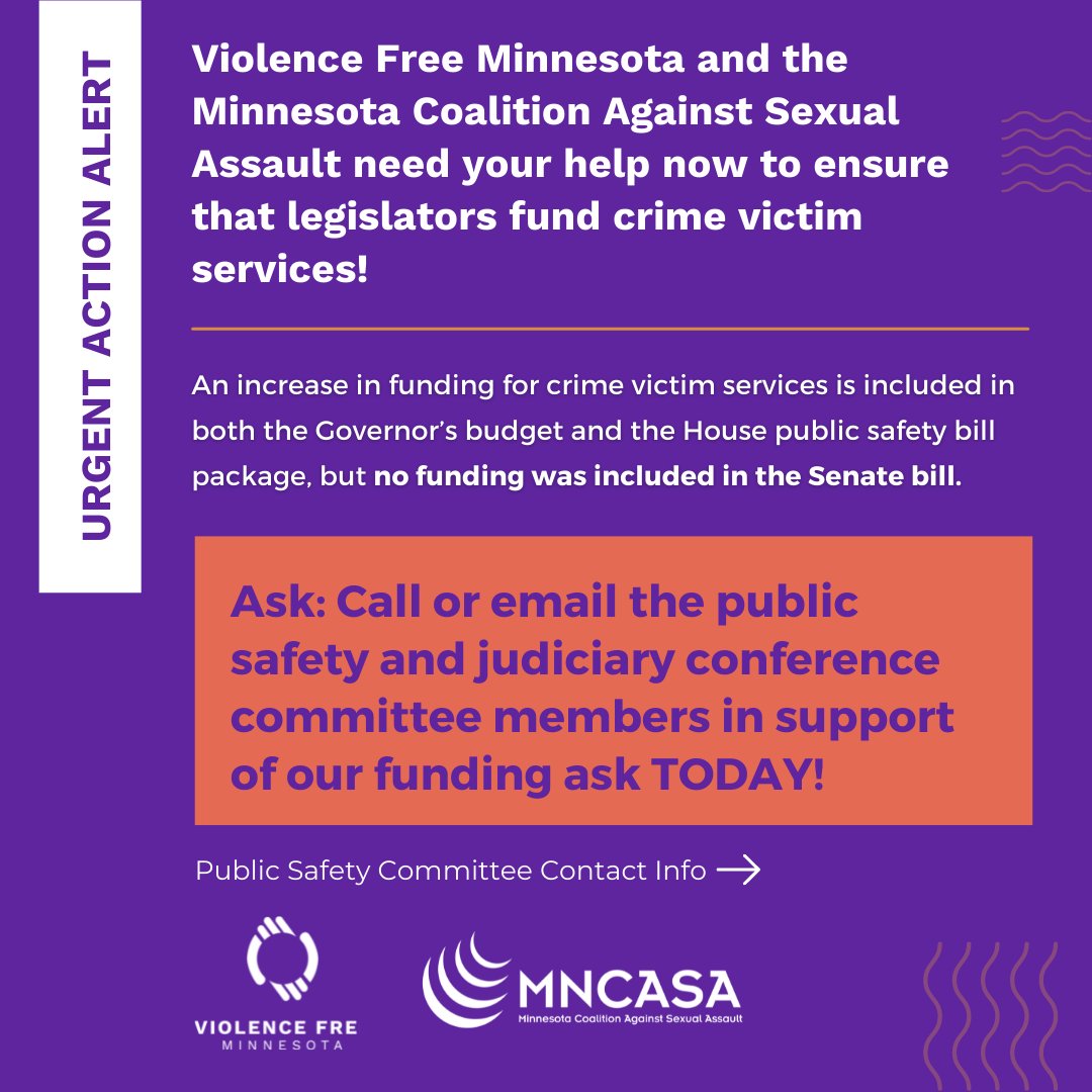 mn_dap's tweet image. URGENT MESSAGE ON CRIME VICTIM FUNDING FROM VFMN & MNCASA
The Minnesota House and Senate have passed their omnibus public safety bills and are now ready to negotiate a final bill before session ends on May 23rd. We need help now to push our funding requests through!