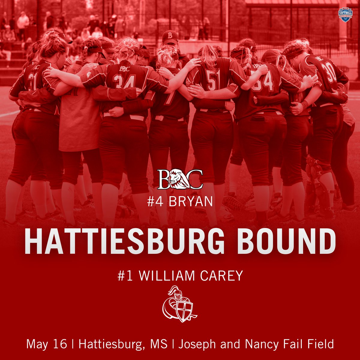 BCLionsSoftball's tweet photo. THE BRACKET IS OUT!!! 🥎

We'll be traveling to Hattiesburg, Mississippi to face William Carey University in the 2022 NAIA Softball National Championship Opening Round! 🦁

#Contend | #WeAreBecauseHeIs | #NAIASoftball https://t.co/Dv1V9E30At
