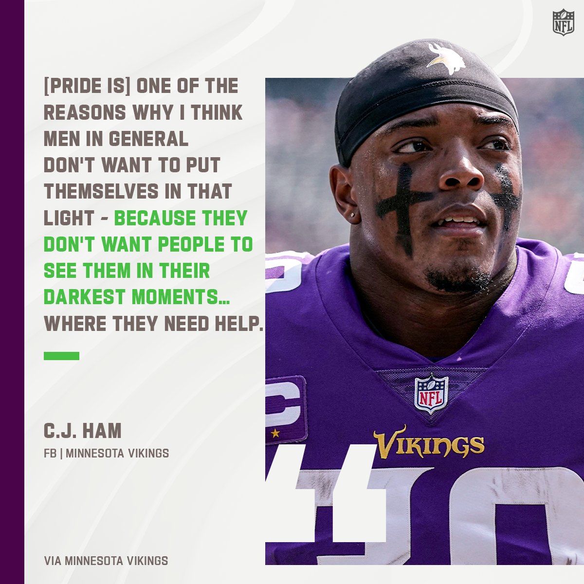 NFL's tweet photo. .@cjham28 is proudly using his platform to normalize the conversation around mental health and reminding us how important it is to ask for help. #MentalHealthAwarenessMonth https://t.co/GCfOOC0rJZ