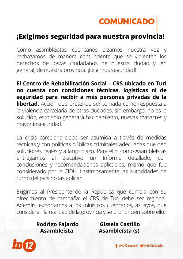 #ComunicadoOficial| No podemos permitir más inseguridad en el #Azuay.

Exigimos seguridad para nuestra provincia! 

💪🏻🍊
@BancadaID
