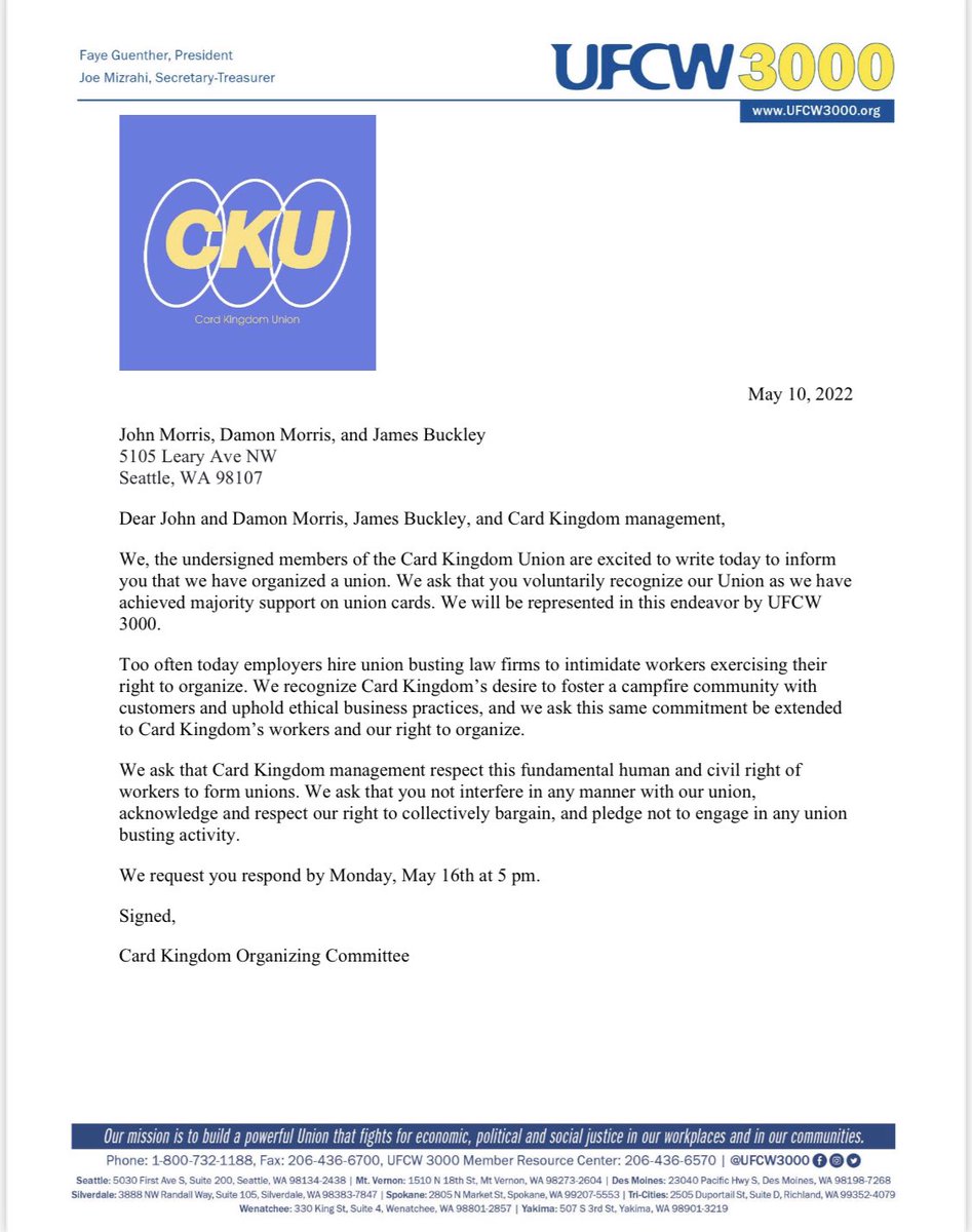 We’re officially asking for voluntary recognition from <a href="/Card_Kingdom/">Card Kingdom</a> today! They have until Monday to respond, or we go to a vote. Thank you for your continued support, it means the world! Read our open letter below #MTG #MagicTheGathering #CKU #StreetsofNewCapenna