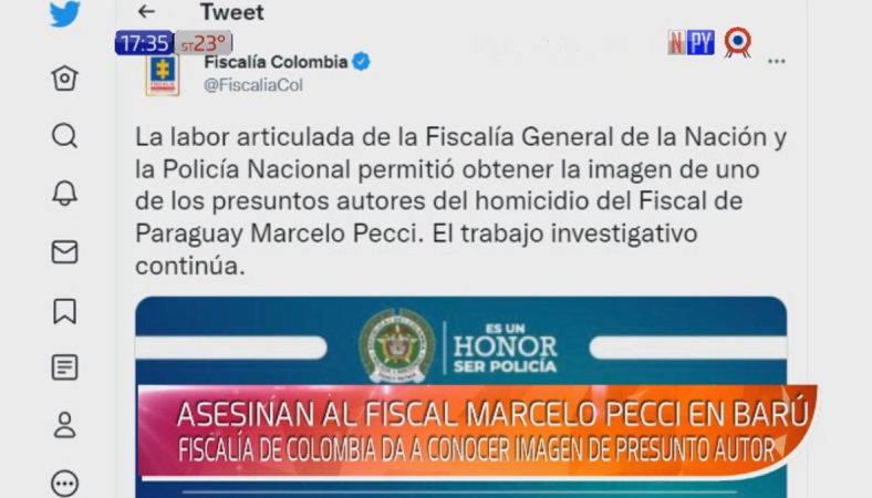 npyoficial's tweet photo. #URGENTE 🚨

♦️ La Fiscalía de Colombia publica imagen de uno de los presuntos sicarios del crimen contra el agente Marcelo Pecci.

▶️Vivo: https://t.co/zXQhHR2kMj

#NPY #NosConectaSiempre https://t.co/yFdWegPwfB