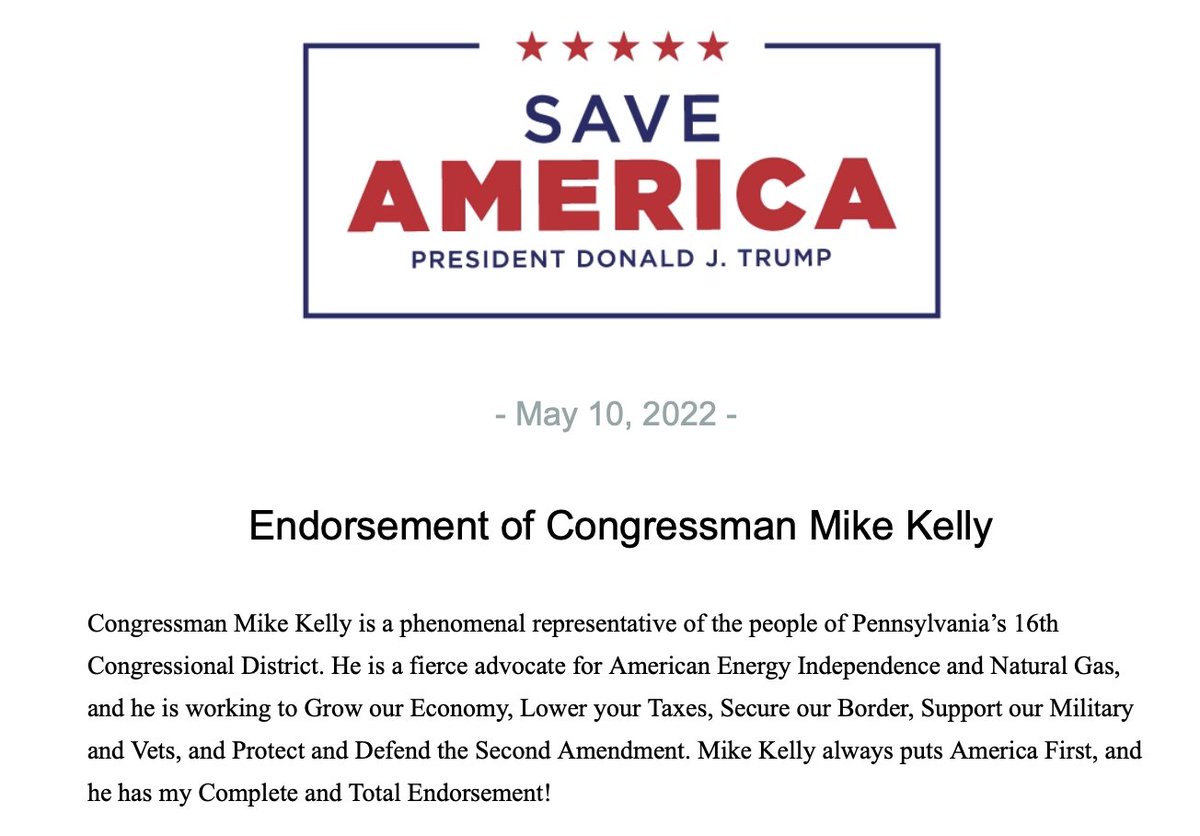 .@POTUS45 endorses @MikeKellyPA: 'Congressman Mike Kelly is a phenomenal representative of the people of Pennsylvania’s 16th Congressional District...Mike Kelly always puts America First, and he has my Complete and Total Endorsement!' FULL STATEMENT: