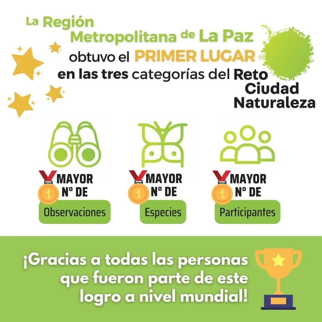 ¡Nuestra ciudad obtuvo el primer lugar en tres categorías del Reto Ciudad Naturaleza!
Somos primeros en mayo cantidad de observaciones, especies y participantes. ¡Gracias por sumarte a este desafío!
#LaPazCiudadEnMovimiento