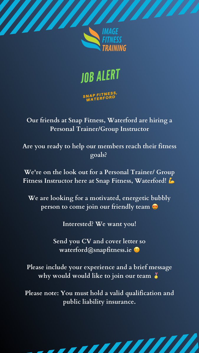 ImageFT's tweet photo. 🚨 Job Alert 🚨
📍Snap Fitness, Waterford
To Apply, Send CV and Cover letter to:
waterford@snapfitness.ie
#jobfairy #waterfordjobs #groupinstructor #personaltrainer #gym #careerinfitness https://t.co/eQjzhdOMY4