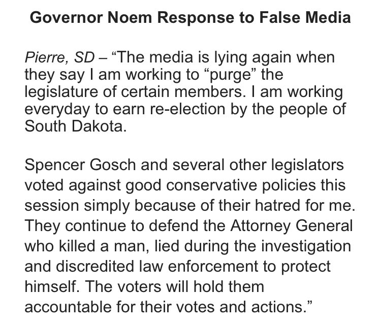 DakotaScoutJoe's tweet photo. The Noem campaign has issued a statement accusing, well, me of lying when I reported she’s involving herself in some legislative GOP primaries. Here’s why that’s unequivocally false, regardless of what Noem and her campaign staff say. (A thread) https://t.co/SK7ufb6Yrp