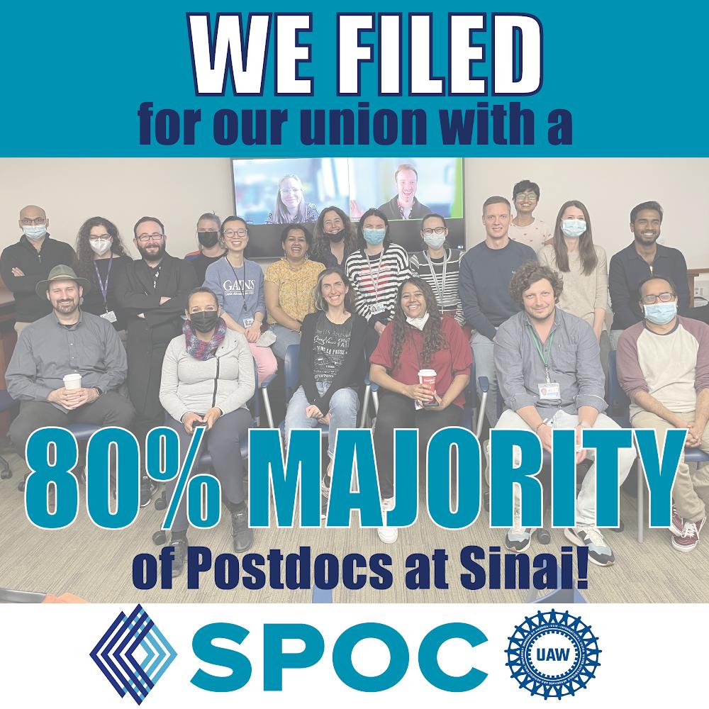spocuaw's tweet photo. 🎉 Today we filed for our #union #election with support from an overwhelming 80% of #Postdocs at @IcahnMountSinai!🎉

We look forward to the opportunity to affirm this #democratic mandate 
and move towards #bargaining improvements to the postdoc experience at Mount Sinai. https://t.co/PTDfQyHp8J