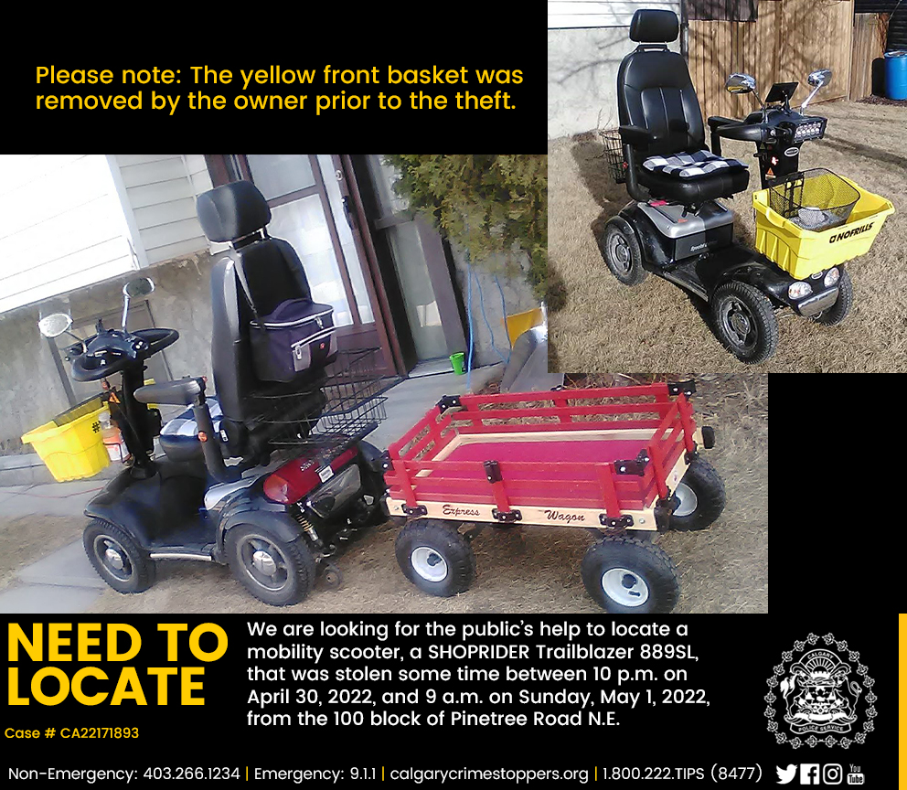 CalgaryPolice's tweet image. We are looking for the public’s help to locate a mobility scooter that was stolen some time between 10 p.m. on Saturday, April 30, 2022, and 9 a.m. on Sunday, May 1, 2022, from the 100 block of Pinetree Road N.E.

Case: CA22171893

facebook.com/CalgaryPolice/…

@CanStopCrime #yyc
