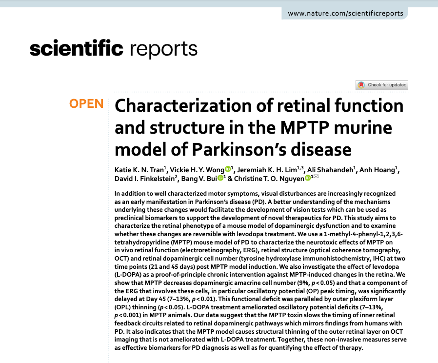 katietraan's tweet photo. We just published my first journal article with @NaturePortfolio in @SciReports! In the paper, we describe how eye function and structure are affected in a drug-induced mouse model of #parkinsonsdisease   

Read more here: https://t.co/k8TL8qIDQH 🤓 https://t.co/oJolllibls