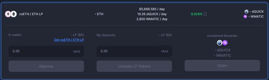 OguzieWisdom's tweet photo. Have you seen the new #Quickswap UI 

 UI, it is so easy to see the best way to collect rewards on #cxETH and #ETH on @0xPolygon. 

Impermeant Loss Protection🛡️
Currently earn ~8.9% on ETH 💸
Cheap gas⛽&amp; Fast Transactions 👟

#PolygonNetwork #CelsiusX #defi #NFT #LP #dex https://t.co/IpPDfaU1Nv