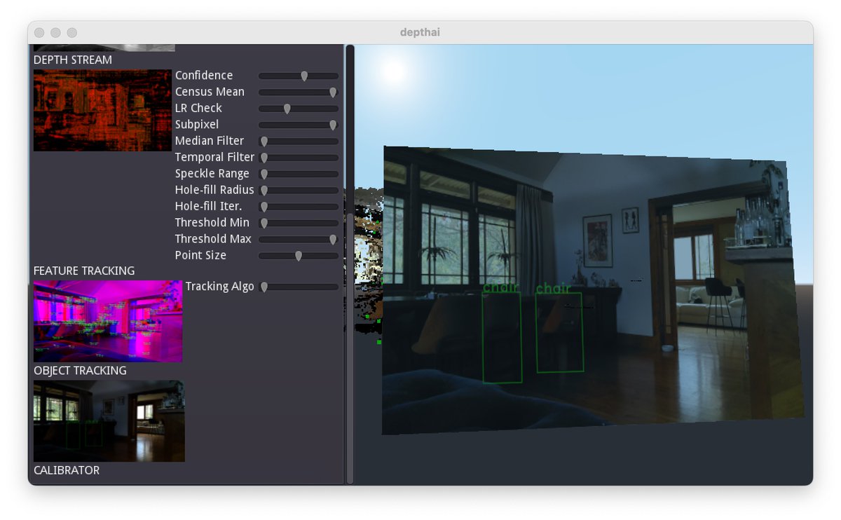 beVR_nz's tweet photo. Adding more features to my @luxonis DepthAI integration into @godotengine. Here is on-device MobileNet identifying objects, along with RGB pointcloud projection, and sparse corner-points tracked with optical flow. Lots of UI switches to implement :/ https://t.co/BFWhUJxG2b