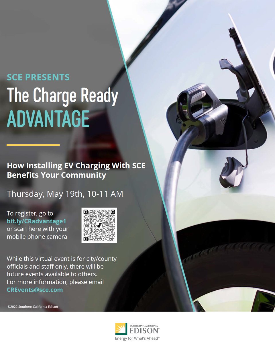 SCE_HaigK's tweet photo. On 5/19, 10-11 am, @SCE will host a virtual event for city/county officials. Register today to learn how SCE’s #ChargeReady programs can help your community install #EV charging stations! https://t.co/lTlQg7SHmB