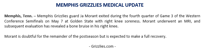 GrizzliesPR's tweet photo. Today the @memgrizz announced the following medical update: https://t.co/szmKeTFdHa