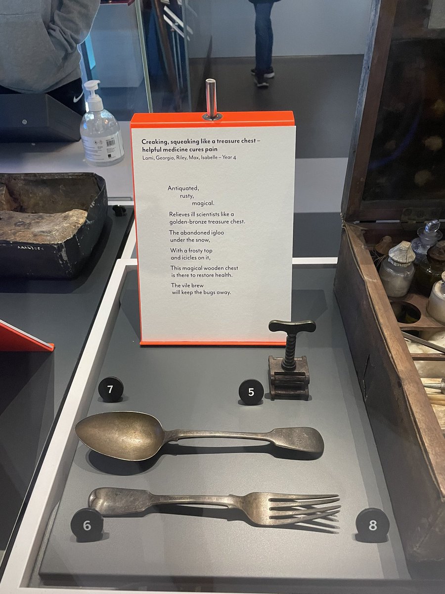 edward_gillin's tweet photo. Alexander McDonald, assistant surgeon on HMS Erebus, his #medicine chest, and a poem written by some year 4s regarding the items. The chest and tourniquet were retrieved from the #Arctic following the Franklin expedition and are now in @RMGreenwich #theterror For @sampopewriter! https://t.co/BvjycUvM63