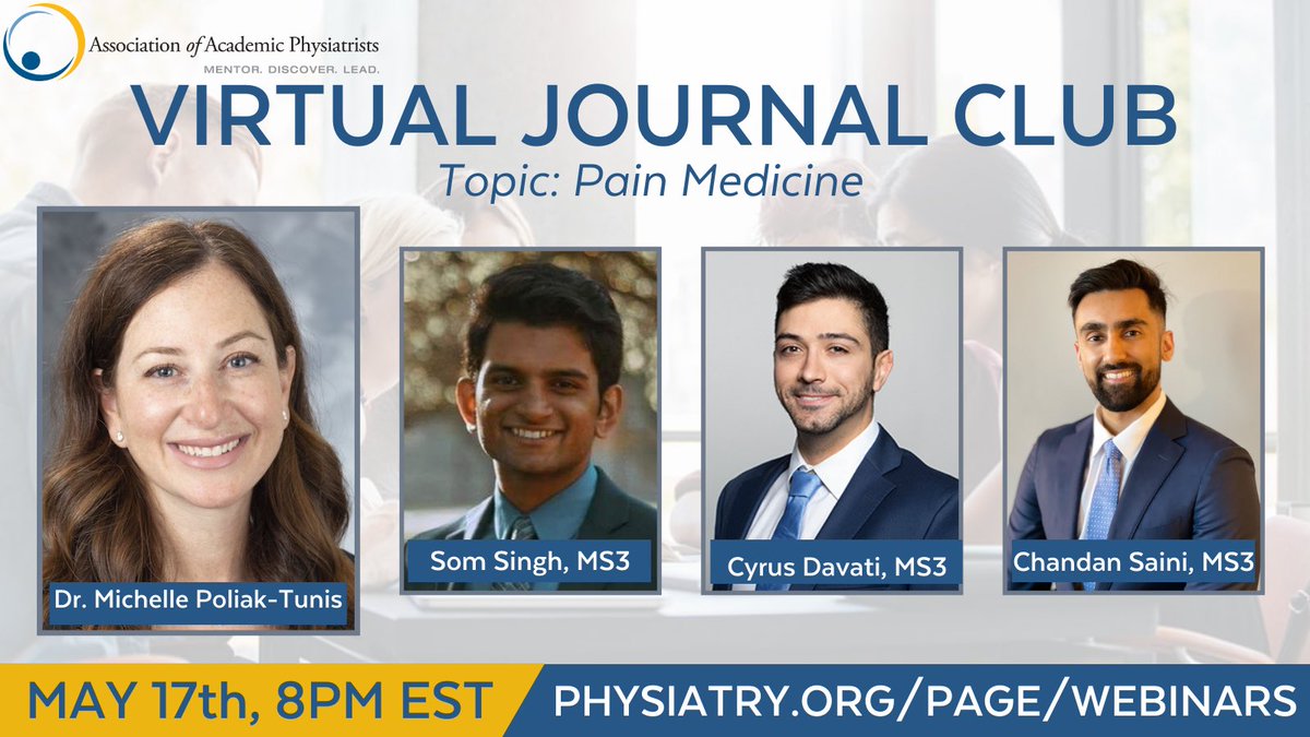 AAPhysiatry_MSC's tweet photo. Don’t miss out on journal club this month! May 17th at 8PM! #painmedicine #physiatry https://t.co/OYe1PHvxBr