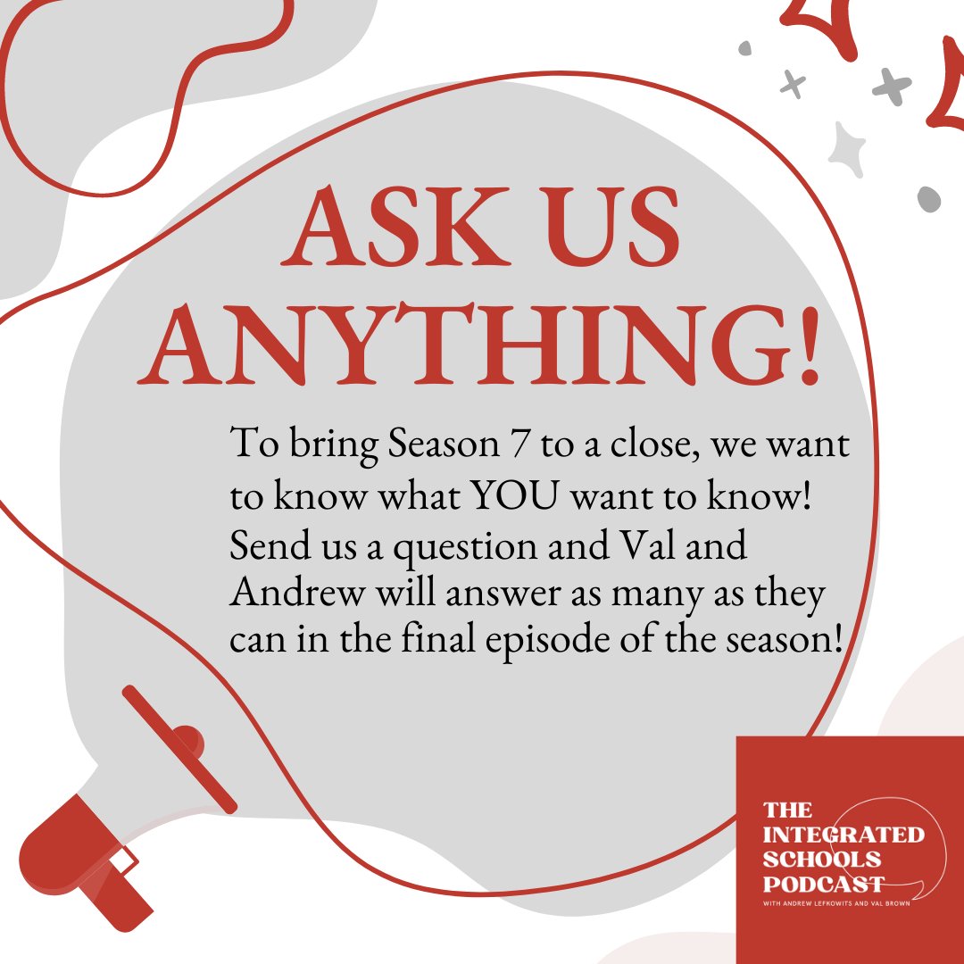 integratedschls's tweet photo. We are going to wrap season 7 with an Ask Us Anything Episode! Send us your questions, comments, wonderings, curiosities so Val &amp; Andrew can share their musings with the audience! We can't wait to hear from you! 
...
Send us a DM, or email us at hello@integratedschools.org https://t.co/teAtHp6gKJ