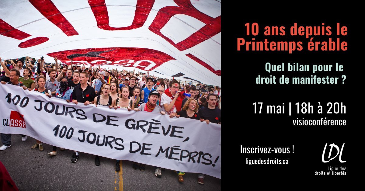 Liguedesdroits's tweet photo. 📣 Dans une semaine! Le 17 mai à 18h00, ne manquez pas notre visioconférence sur le droit de #manifester, avec Francis Grenier, Sibel Ataogul, Charles Carrier-Plante et Jacinthe Poisson #polqc #printempserable
Détails et inscription✍🏾 https://t.co/NFahe0iESt https://t.co/xTVywHt1yI