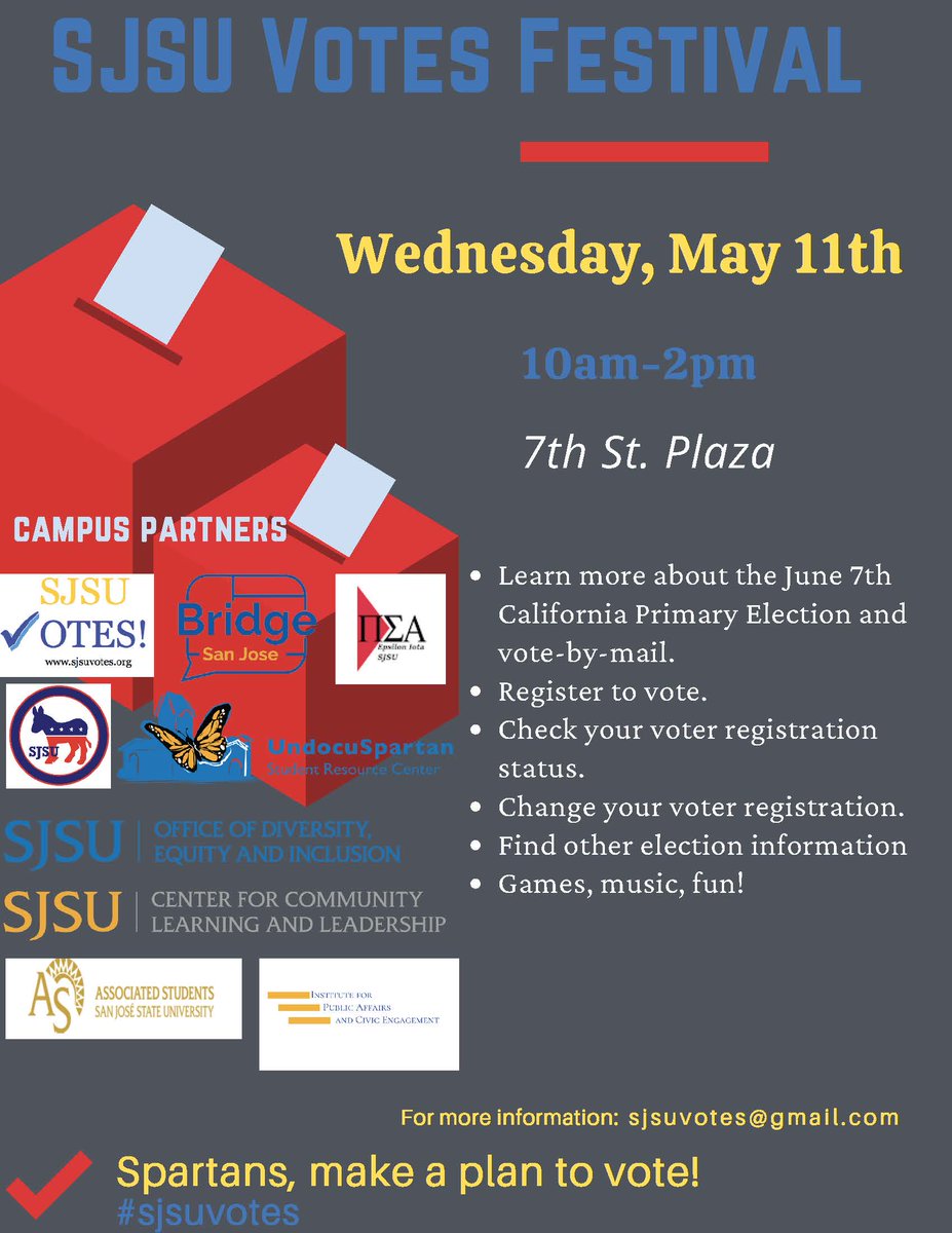 SJSUvotes's tweet photo. Join us for the SJSU Votes Festival tomorrow 10am-2pm near the Student Union!  @SJSUPrezPerez @sccvote @VDelCasino @sjsucoss @sjsucfd @belongatSJSU  #sjsuvotes https://t.co/HnnAgz7WCZ
