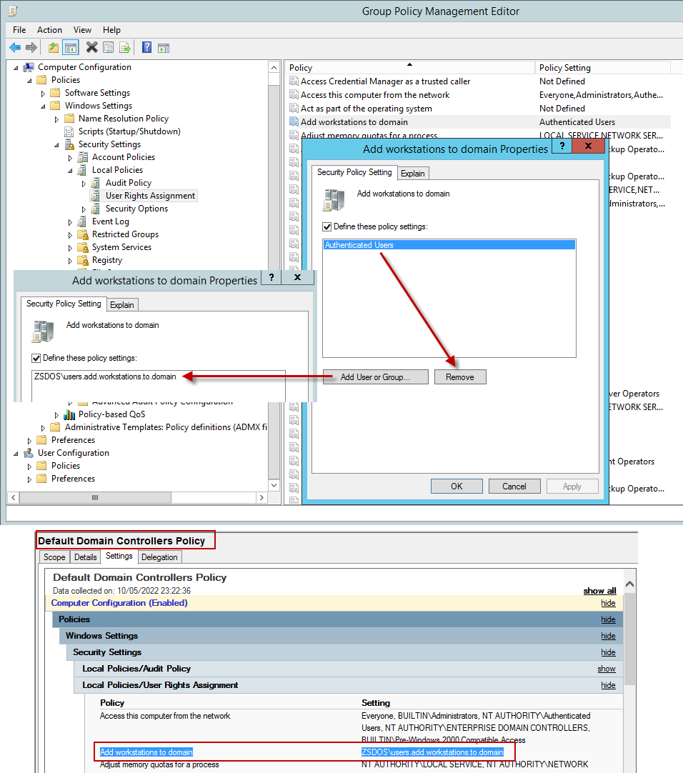 adrianlois_'s tweet photo. Another way to mitigate #KrbRelayUp is to remove the "Authenticated users" group from the "Add workstations to domain" policy in the Default domain controller policy and assign a specific group to perform these operations. @dec0ne https://t.co/lyA4INWCHf