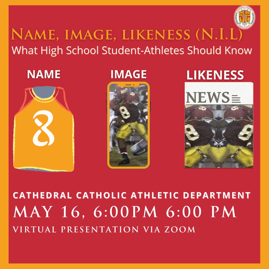 Interested in learning about Name, Image, and Likeness (N.I.L.)? Join us (virtually) on Monday May 16th as we breakdown the N.I.L. and answer questions student-athletes and families may have. If you'd like to register please send over a DM.