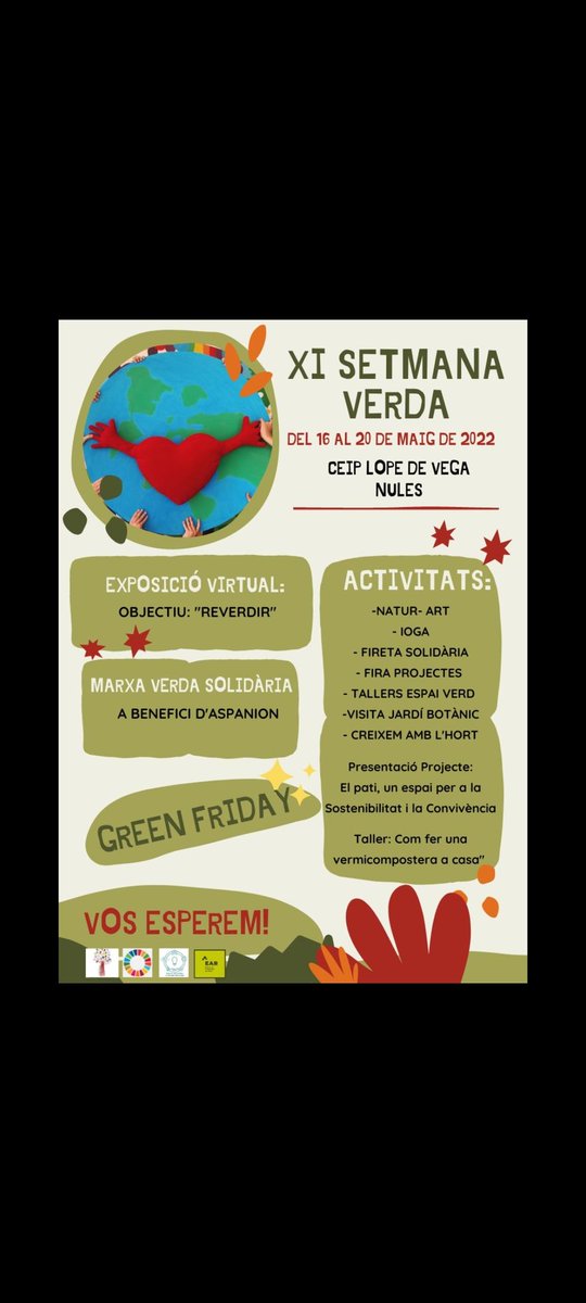LopedeVega_R's tweet photo. Des del 2007 celebrant Setmanes Verdes 🌱💚 tractant temàtiques eco-socials que ens ajuden a millorar la nostra relació amb nosaltres mateixa, amb els demés i amb el medi.
I enguany podrem celebrar la XI Setmana Verda. Objectiu: Reverdir 🌱💚🌱
#setmanaverda #ecosocial #reverdir https://t.co/AQ2jwEvPot