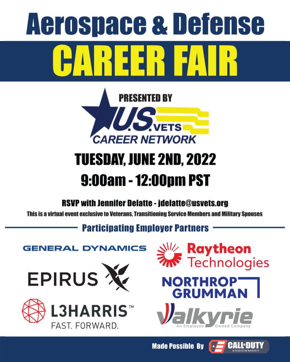 oc_workforce's tweet photo. U.S. Vets Career Network is hosting an Aerospace &amp; Defense Career Fair!

📅 6/2/2022
🕤 9 AM to 12 PM
📍 Virtual via Zoom
📝 RSVP with Jennifer Delatte - jdelatte@usvets.org
ℹ️ Exclusive to Veterans, transitioning service members and military spouses

#OCWorksTogether https://t.co/M06w8hvEG0