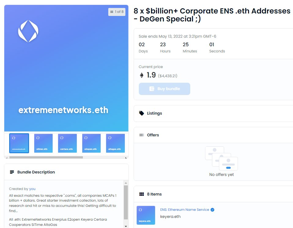 sergmi_eth's tweet photo. 8 x $Billion+ Corporate #ENS addy's - 3 days, then πthe grind!
1.9 ETH takes all
Always moving, always funding
https://t.co/njJGnRfj62
All .eths (.com equivs)
ExtremeNetworks, Enerplus, E2open, Keyera, Certara, Cooperators, SiTime, AltaGas
#ENSdomains $ENS #ENSaneDOMAINS https://t.co/DPZ9XoPXqg