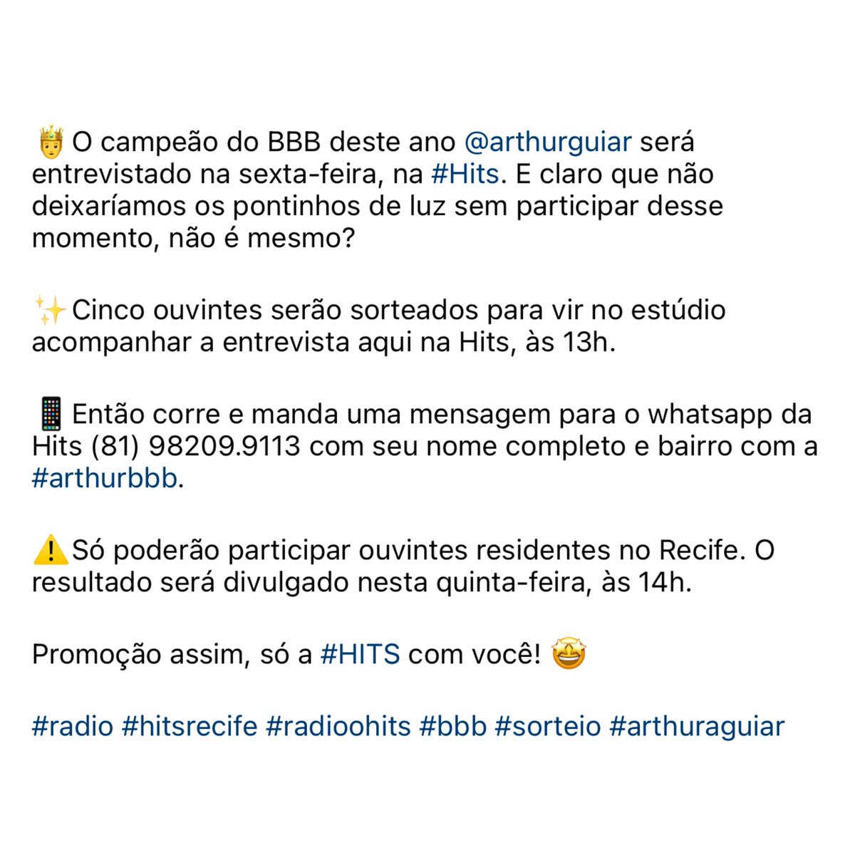 ATENÇÃO GALERA DE RECIFE

Quem ama o Tuty poderá acompanhar de perto a entrevista para a rádio Hits FM que acontecerá na sexta-feira às 13h. 

Cinco ouvintes serão sorteados para ir ao estúdio.

O resultado será divulgado na quinta às 14h nas redes oficiais da Hits.