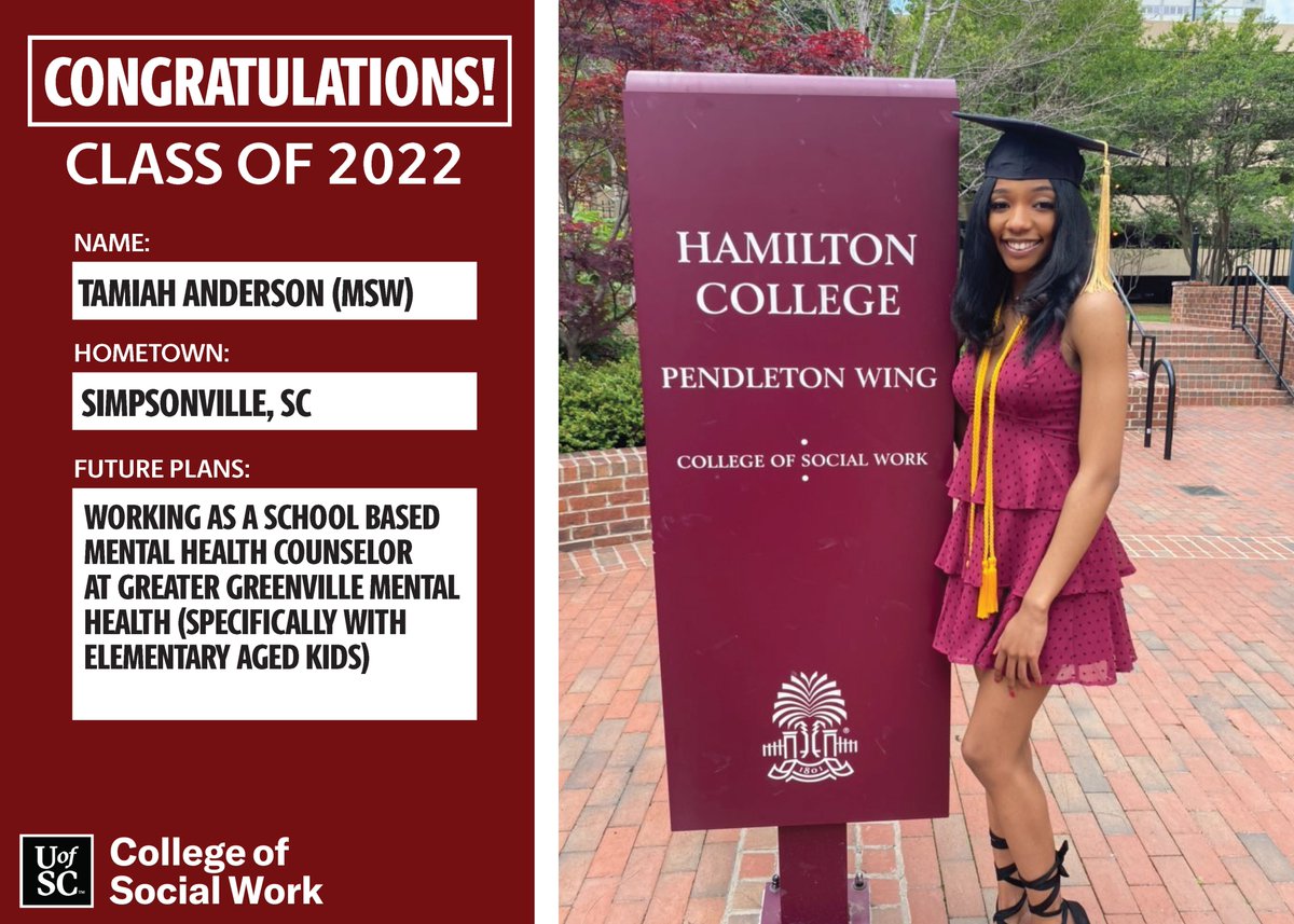 uofsccosw's tweet photo. We're proud of our #UofSC graduates who go on to serve their #SC communities. Meet Tamiah Anderson, who will be assisting children and families in the Upstate. Another outstanding member of #UofSC2022! ๐#cockyaboutsocialwork #TheRemarkableWe https://t.co/K9Jpbwj0ZM