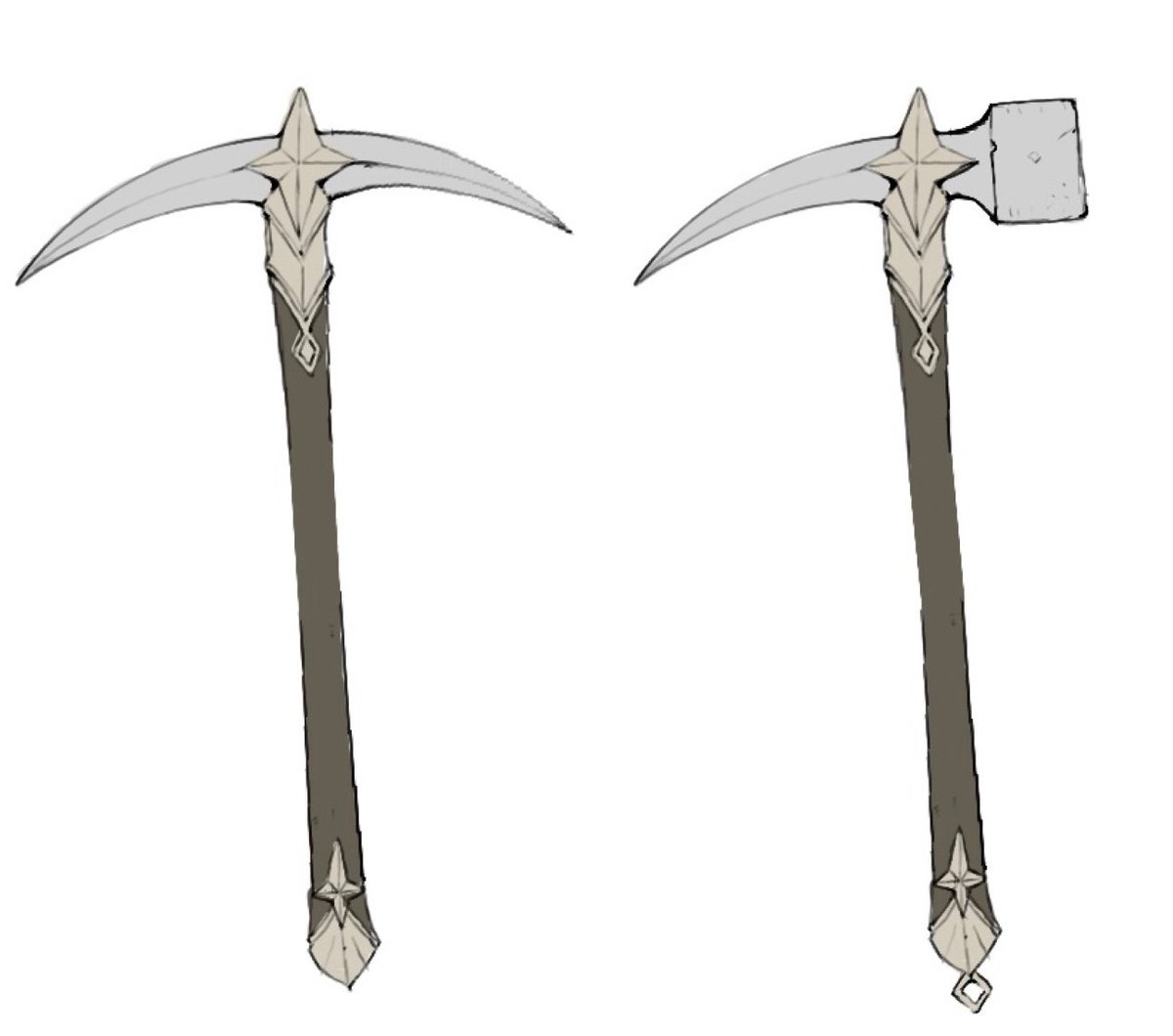 SkyRealmInt's tweet photo. Concepting the lv2 pickaxe for the demo. Which one do y'all like better, the classic pickaxe, or the hammer hybrid?
#projectSkyfarm #IndieGameDev #indidev #gamedev #devlog #animestylegame #farmingsim #conceptart https://t.co/sWEzuTFile