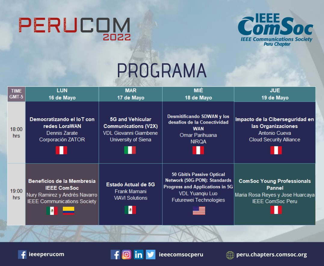 IEEEComSocPe's tweet photo. Los invitamos a participar del PERUCOM 2022 el cual se llevará este año de forma virtual.

📅Fecha: Del 16 al 19 de Mayo 2022
🕖 Horario: 6 a 8 pm (GMT-5)
🌐 Registro: https://t.co/O3Y1DsXP2p
ACCESO LIBRE, Certificación opcional.

Mayor información: https://t.co/OqlTgmwDXH https://t.co/SzTKuJmcea